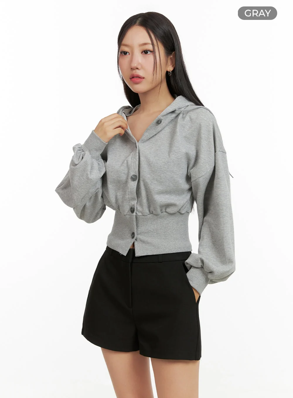 Buttoned Crop Sweat Hoodie OU411 - Image 8