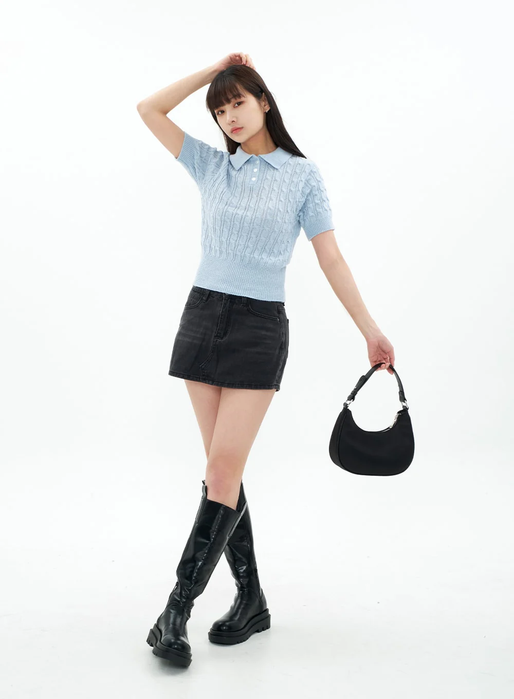 Cable Knit Collared Short-sleeve Sweater CA01 - Image 11