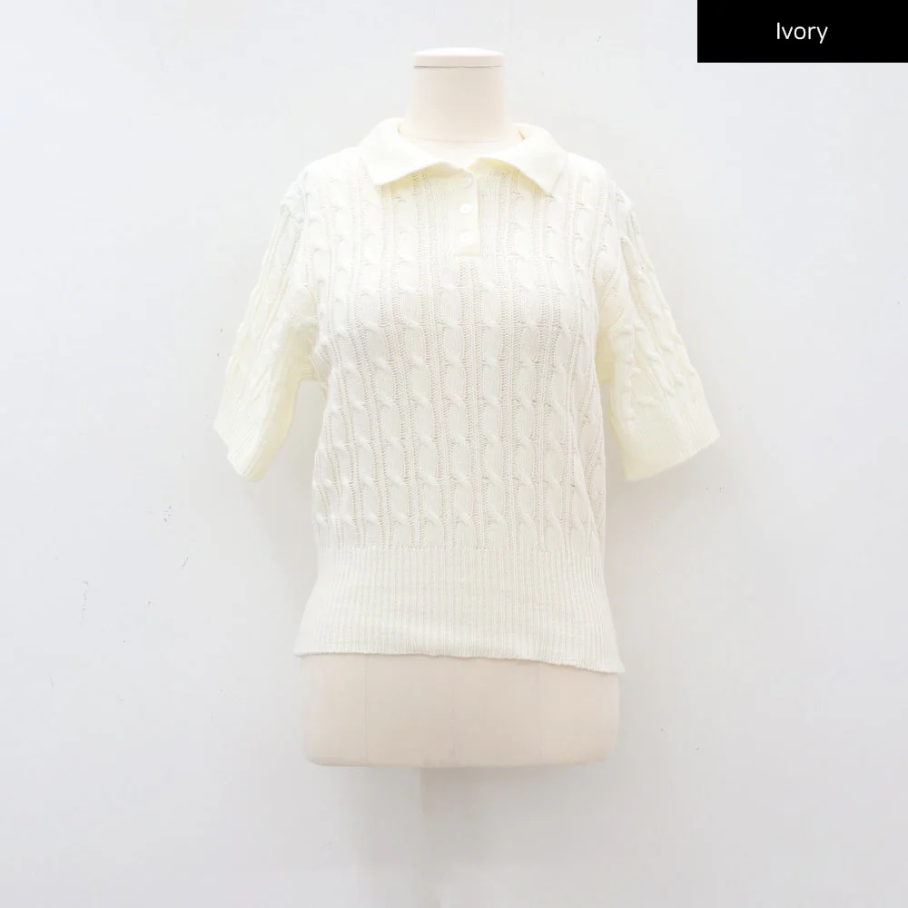 Cable Knit Collared Short-sleeve Sweater CA01 - Image 22