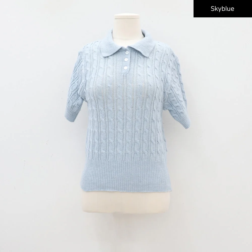 Cable Knit Collared Short-sleeve Sweater CA01 - Image 24