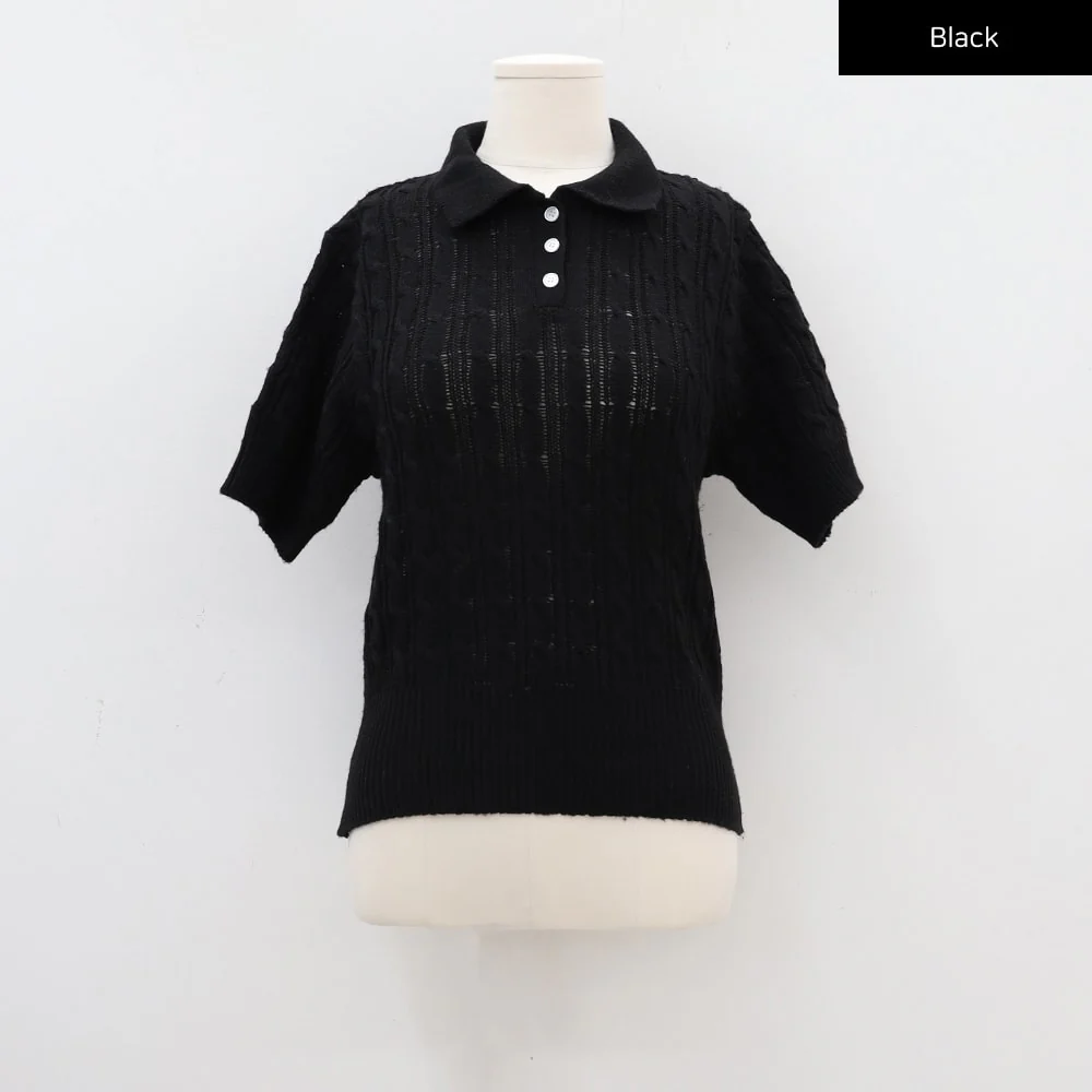 Cable Knit Collared Short-sleeve Sweater CA01 - Image 27