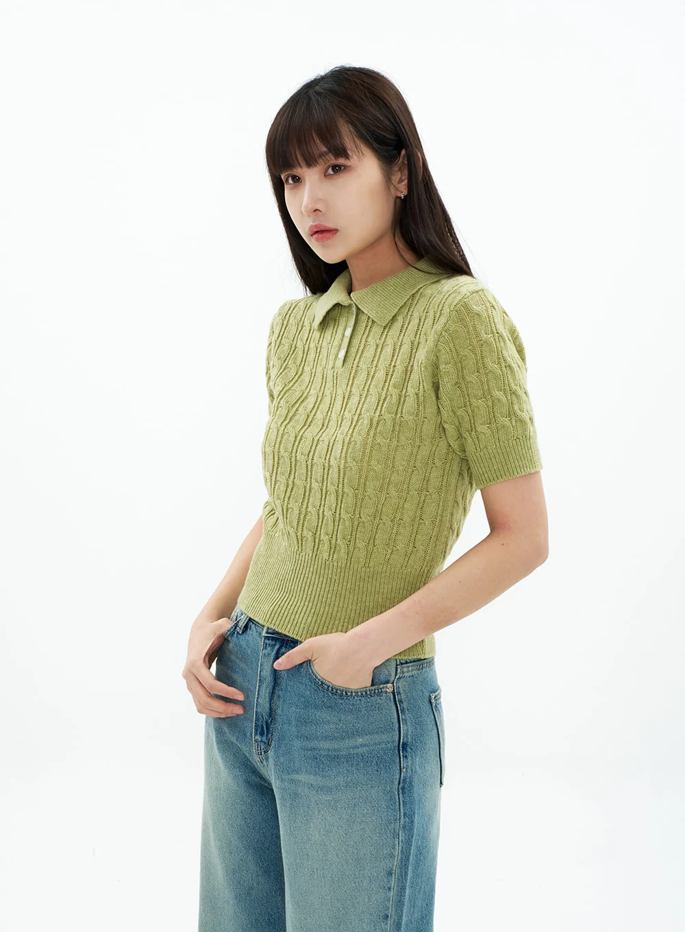Cable Knit Collared Short-sleeve Sweater CA01 - Image 9