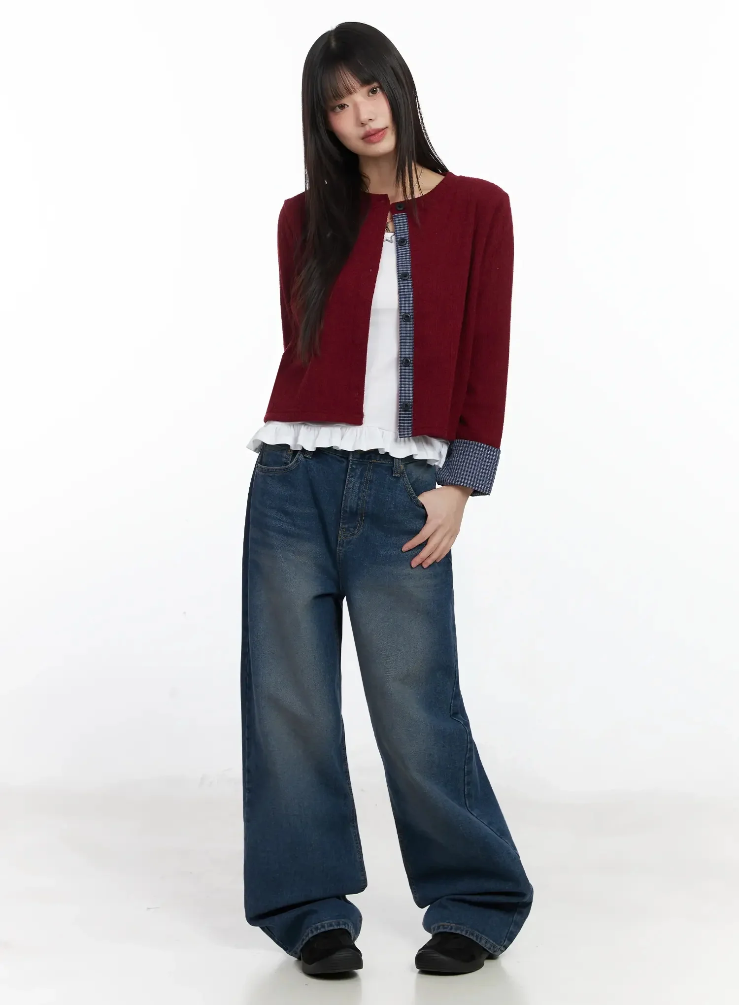 Checkered Accent Fleece Cardigan F517 - Image 11