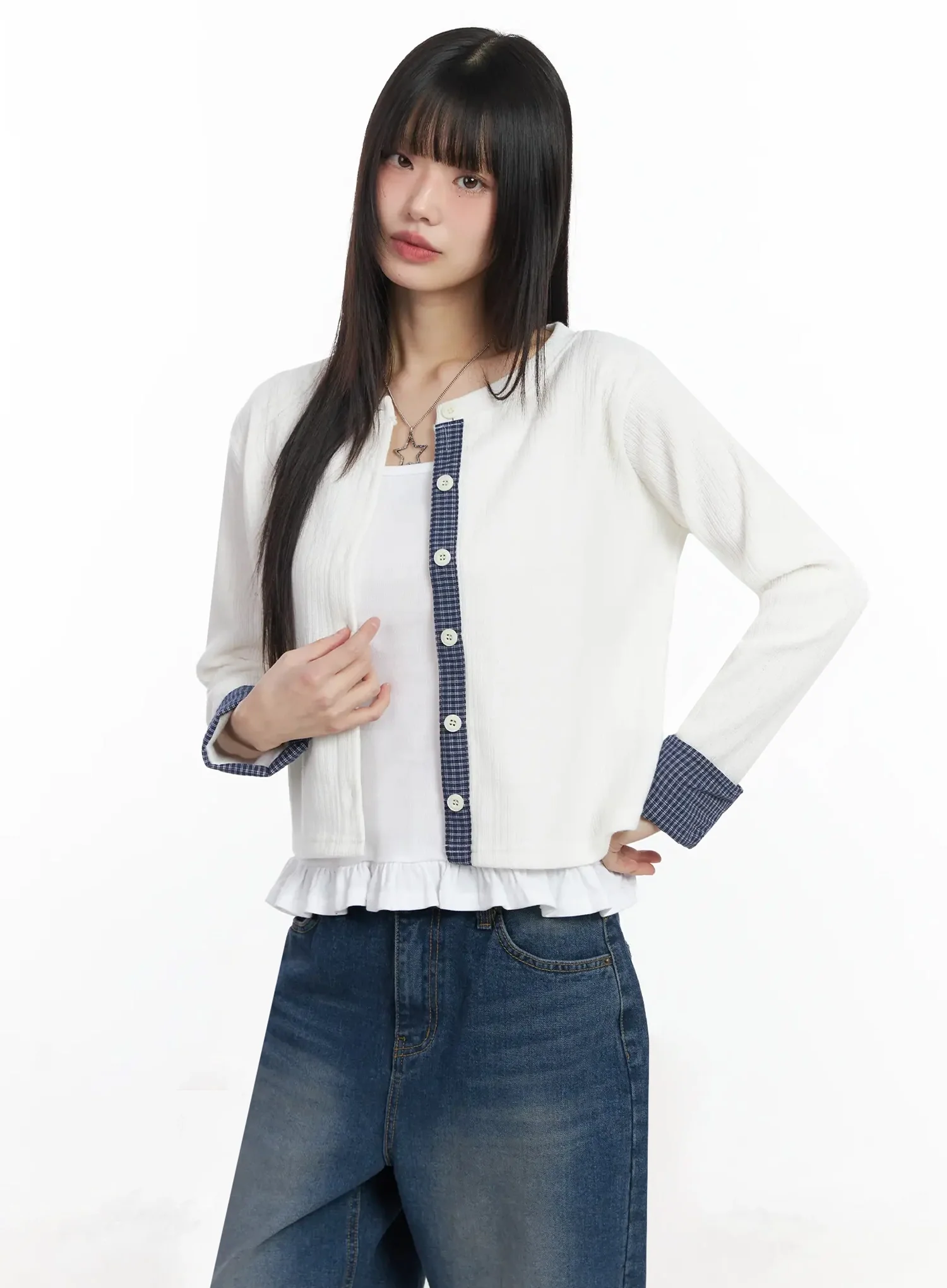 Checkered Accent Fleece Cardigan F517 - Image 15