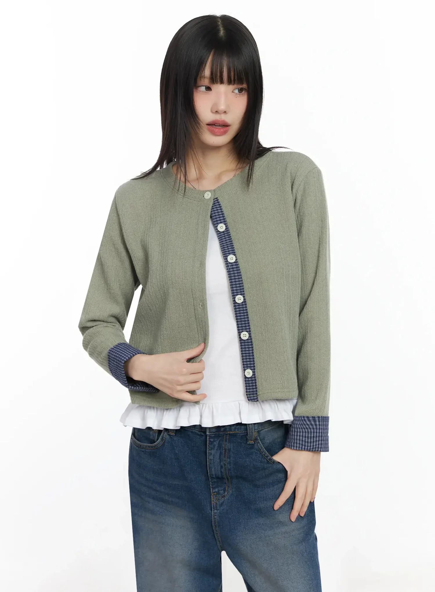 Checkered Accent Fleece Cardigan F517 - Image 16