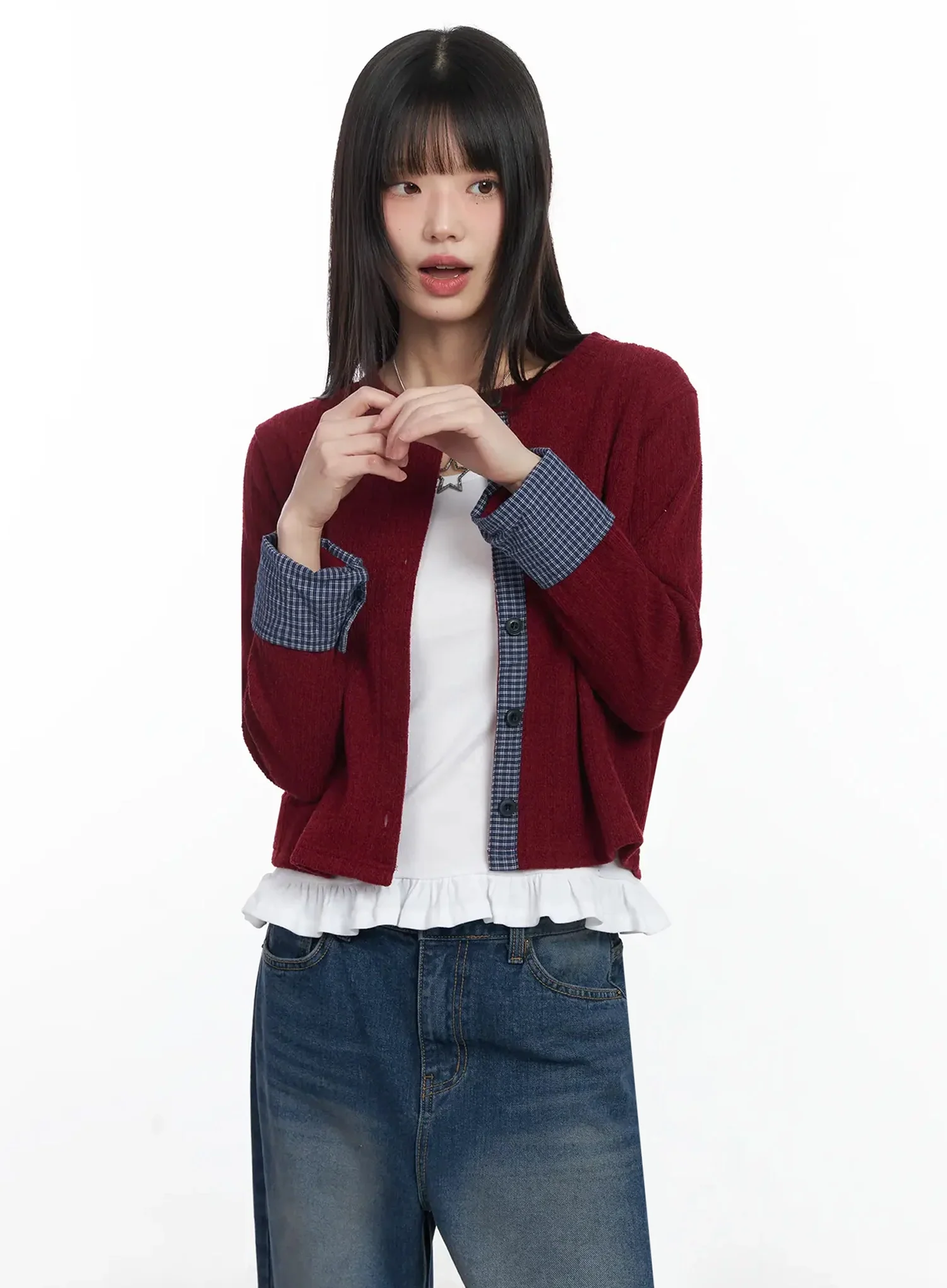 Checkered Accent Fleece Cardigan F517 - Image 3