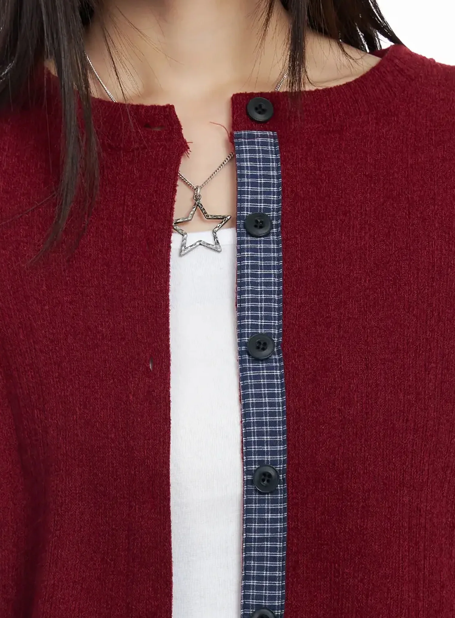 Checkered Accent Fleece Cardigan F517 - Image 4