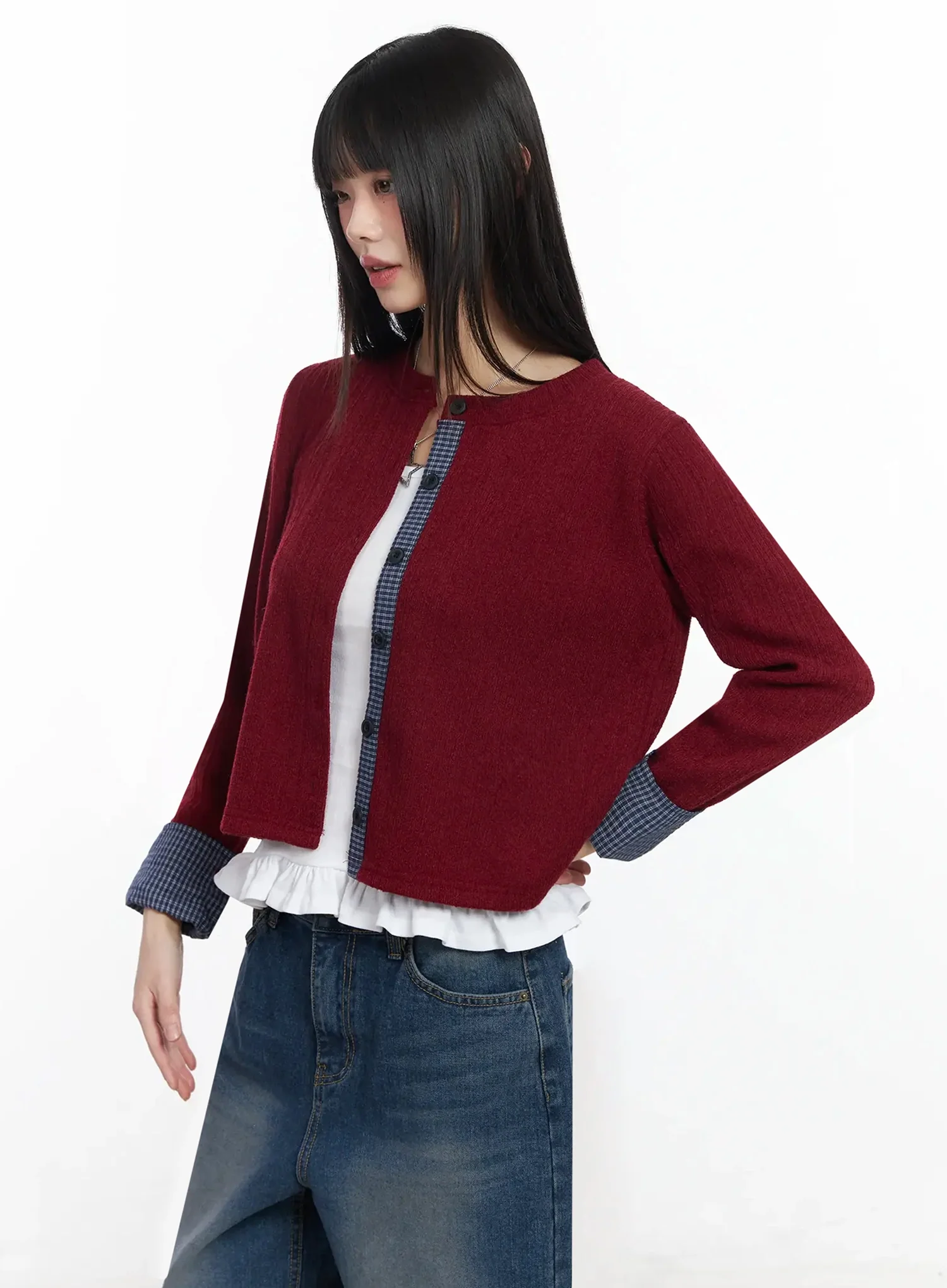 Checkered Accent Fleece Cardigan F517 - Image 8