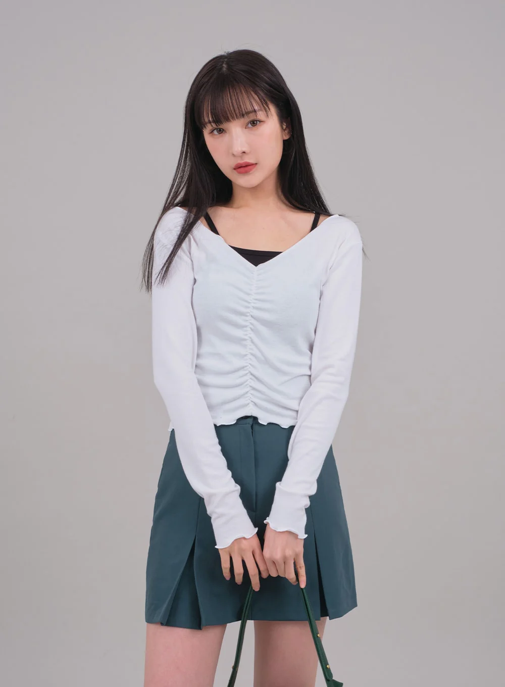 Cropped Long Sleeve Top with Front Shirring C2701 - Image 10
