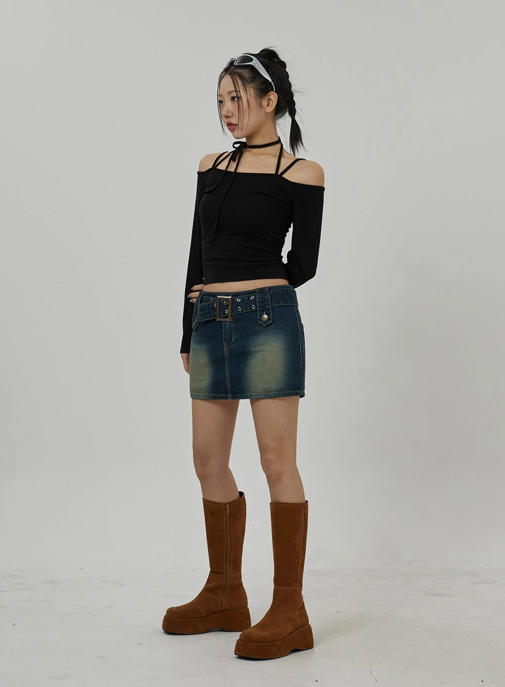 Neck Ribbon Detail Long Sleeve Cropped Top CD21 - Image 10