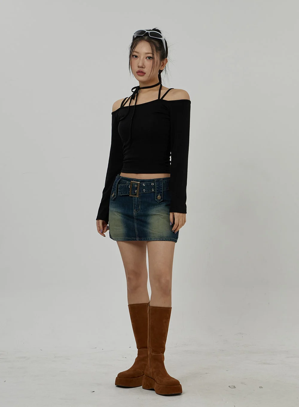 Neck Ribbon Detail Long Sleeve Cropped Top CD21 - Image 13