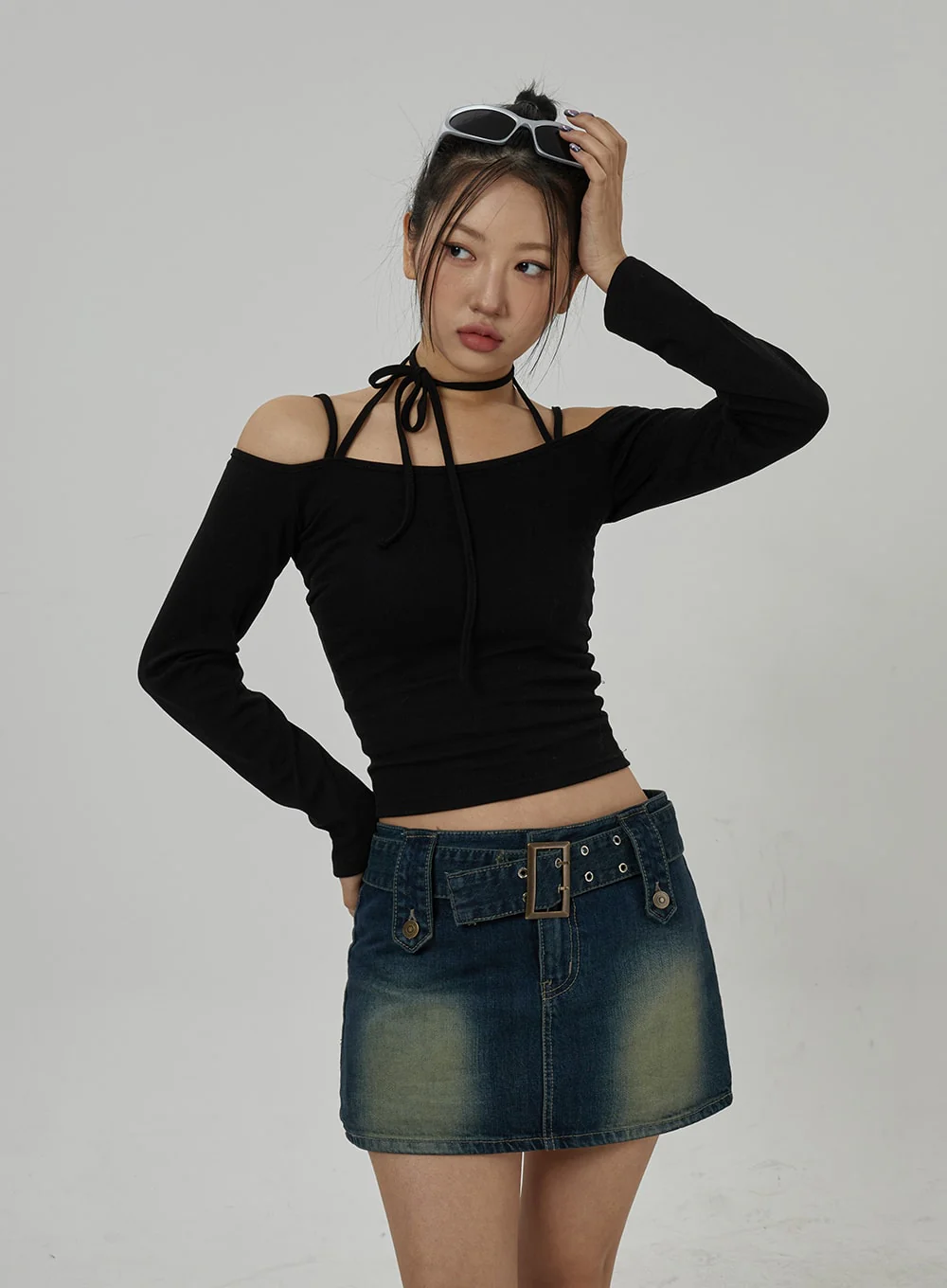 Neck Ribbon Detail Long Sleeve Cropped Top CD21 - Image 5