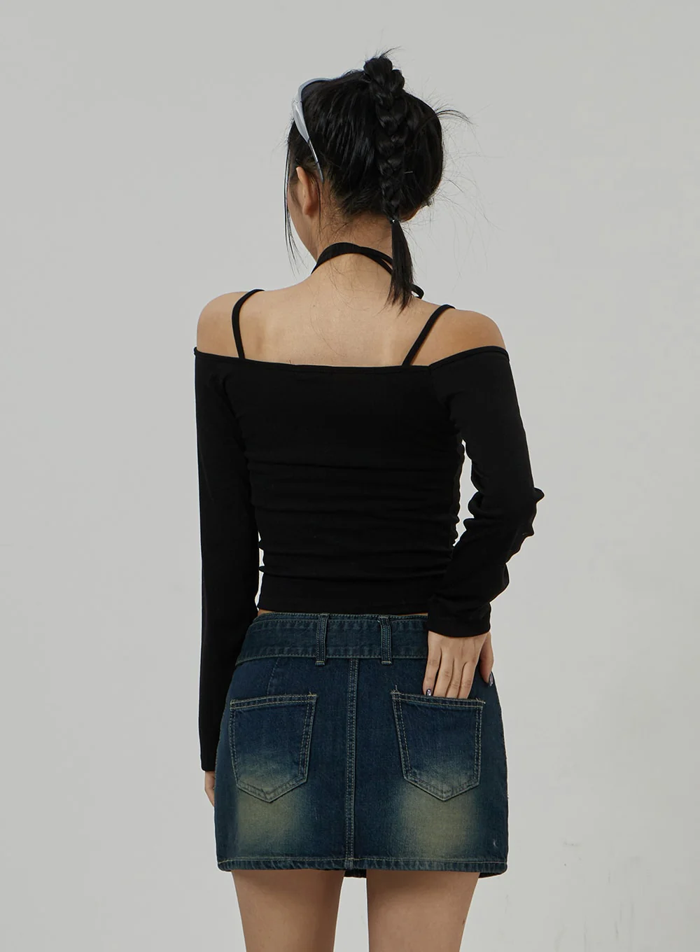 Neck Ribbon Detail Long Sleeve Cropped Top CD21 - Image 6