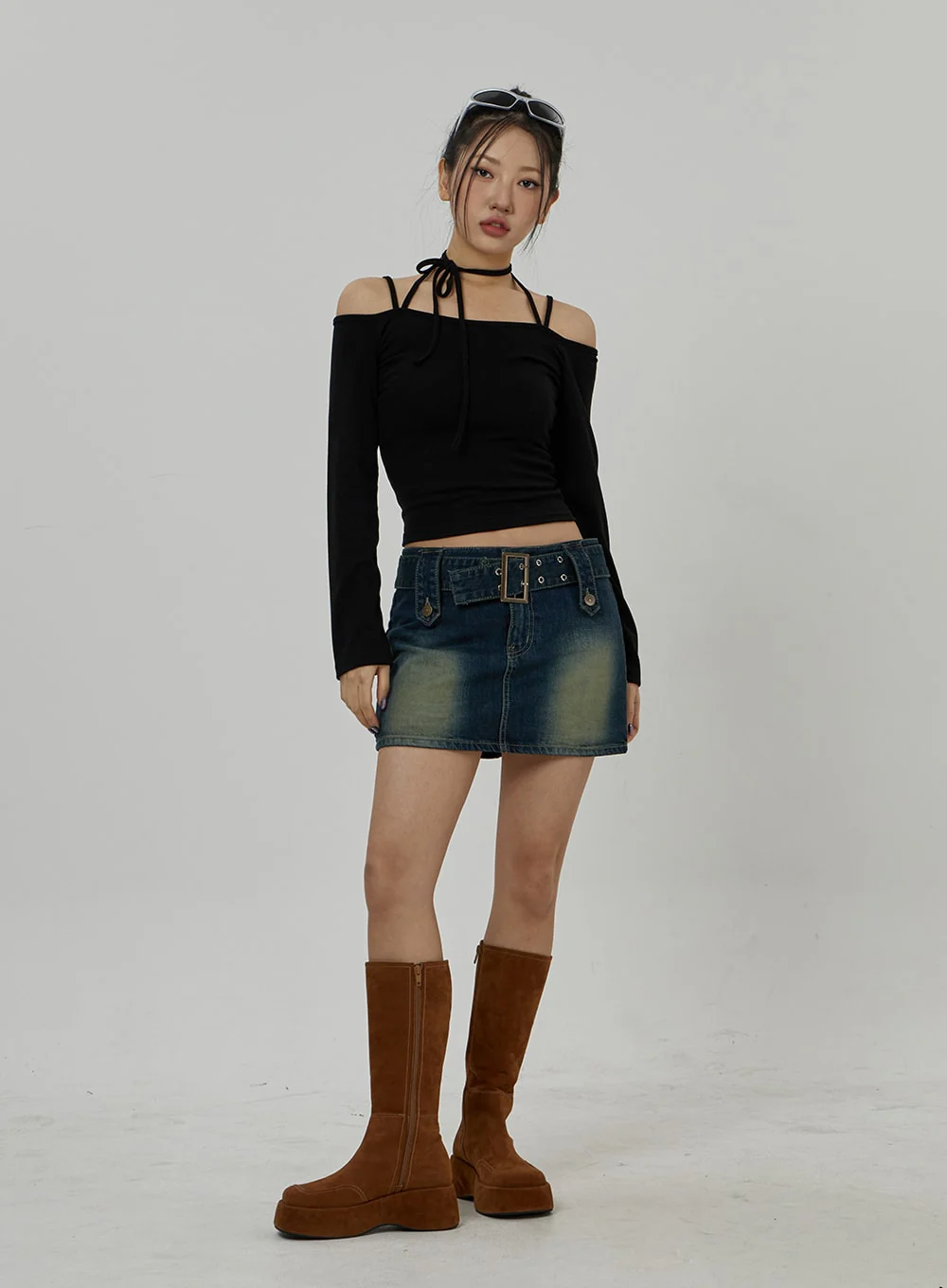 Neck Ribbon Detail Long Sleeve Cropped Top CD21 - Image 7