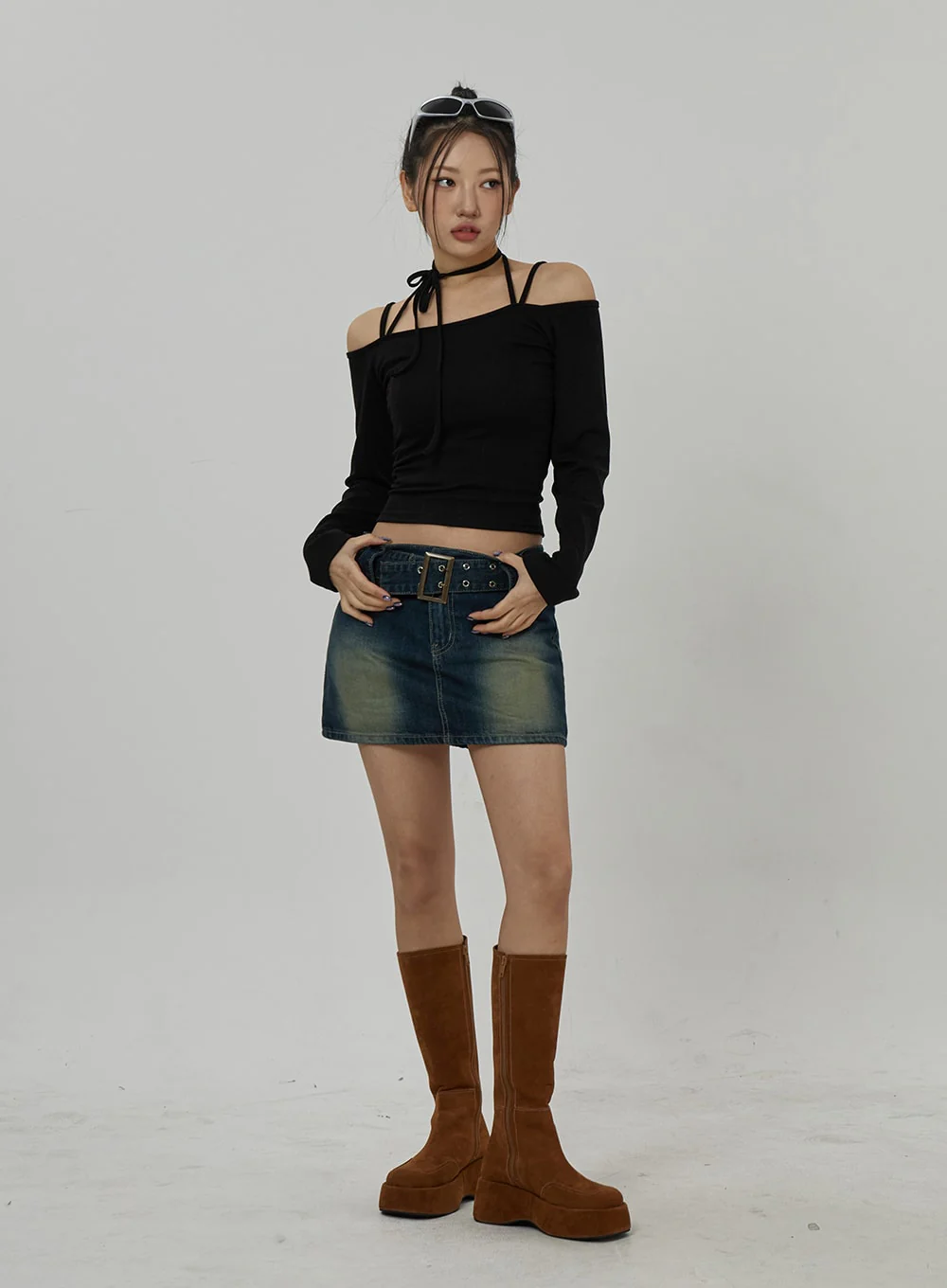 Neck Ribbon Detail Long Sleeve Cropped Top CD21 - Image 8