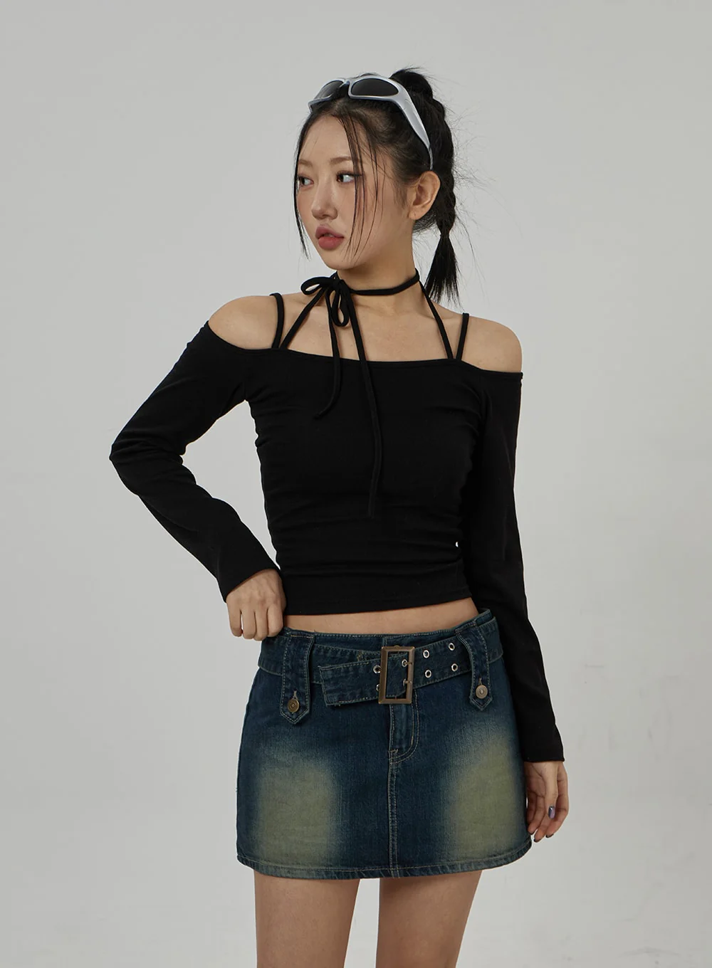 Neck Ribbon Detail Long Sleeve Cropped Top CD21 - Image 9