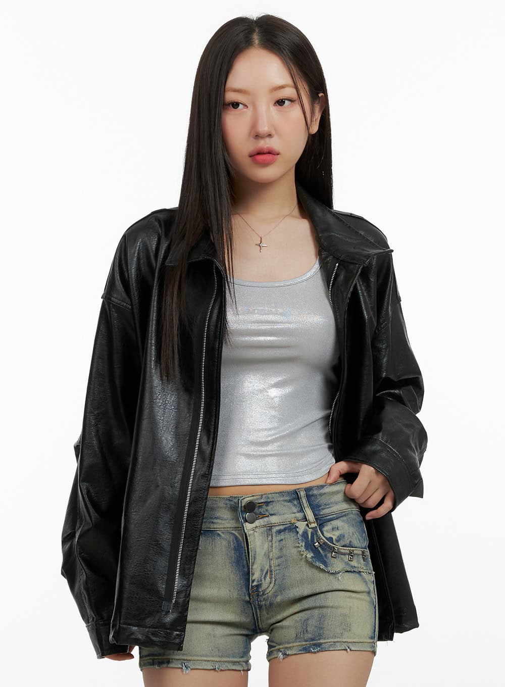 Oversize Zip-Up Faux Leather Jacket OL408 - Image 4
