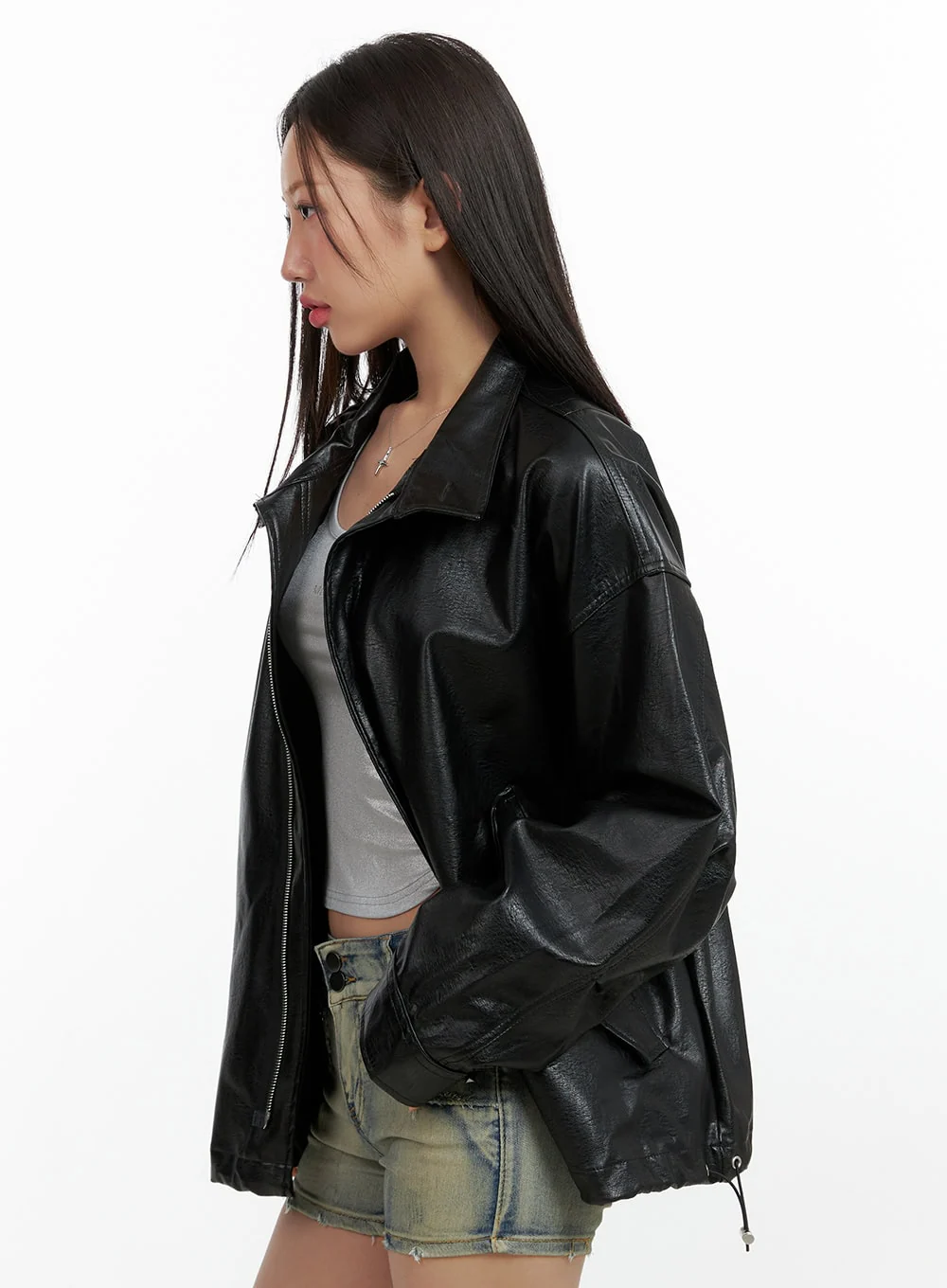 Oversize Zip-Up Faux Leather Jacket OL408 - Image 5