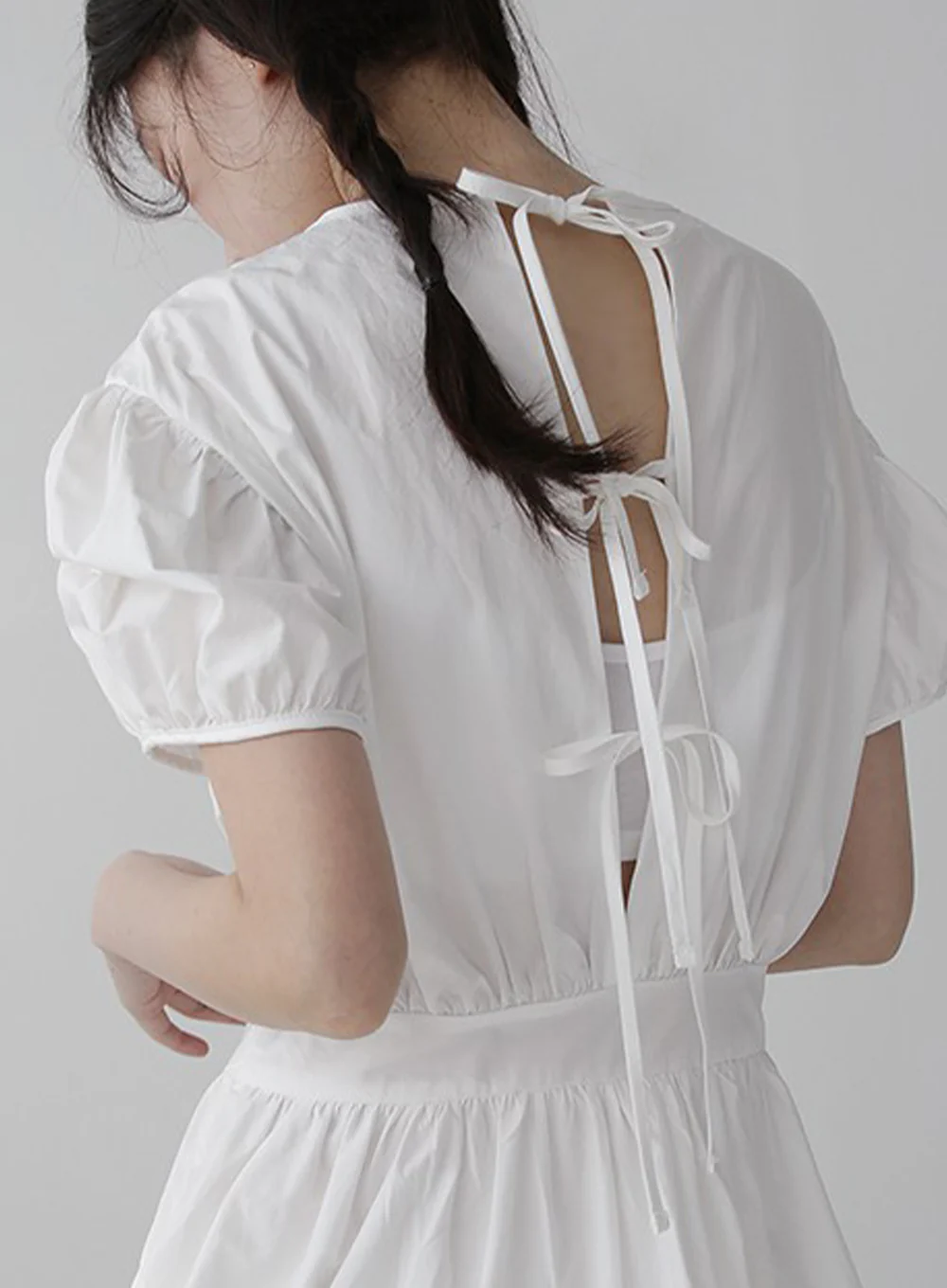 Puff Sleeve Dress with Ribbon Back - Image 7