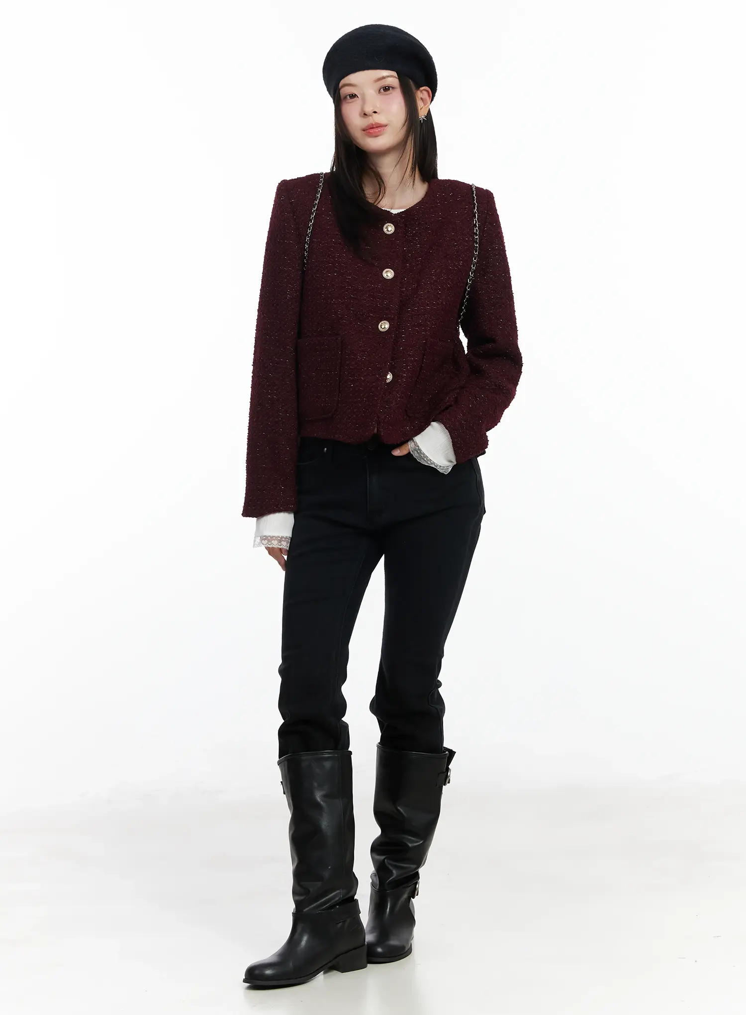 Round Neck Buttoned Tweed Jacket IF520 - Image 10