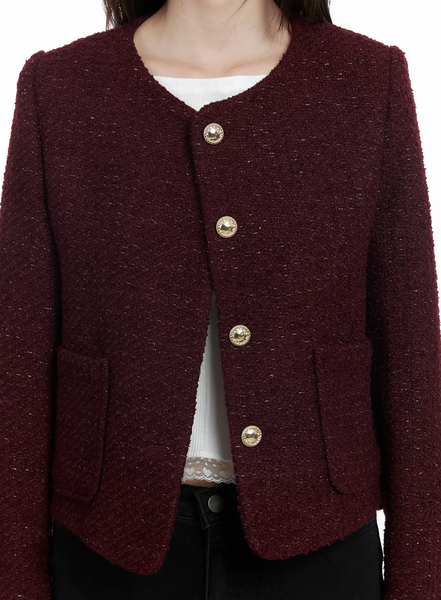 Round Neck Buttoned Tweed Jacket IF520 - Image 12