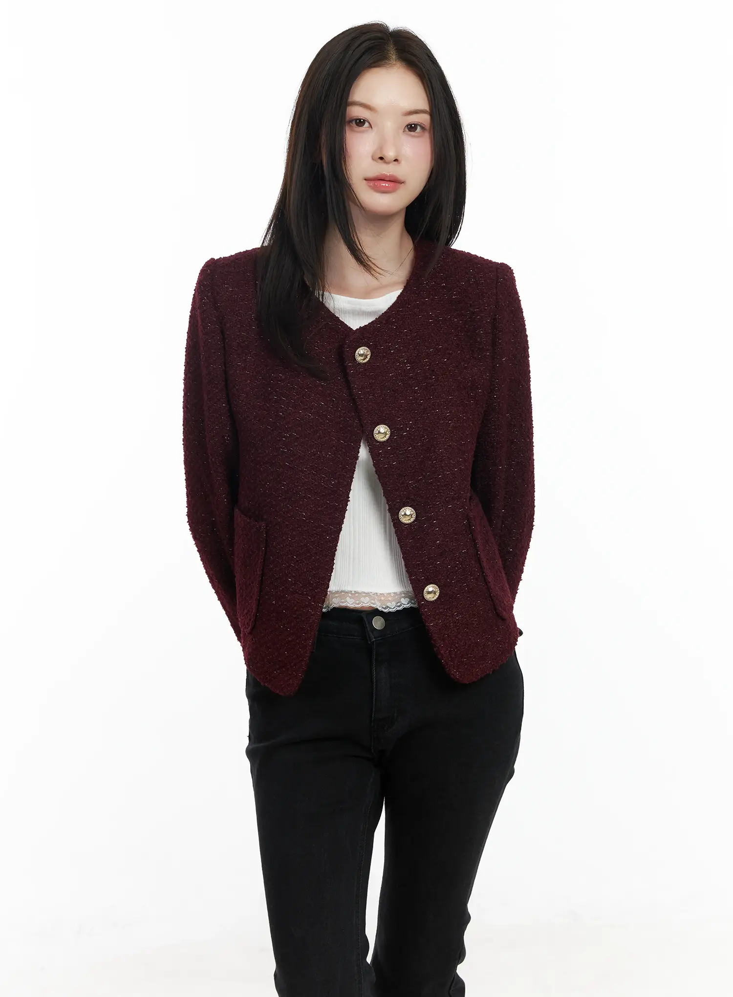 Round Neck Buttoned Tweed Jacket IF520 - Image 13