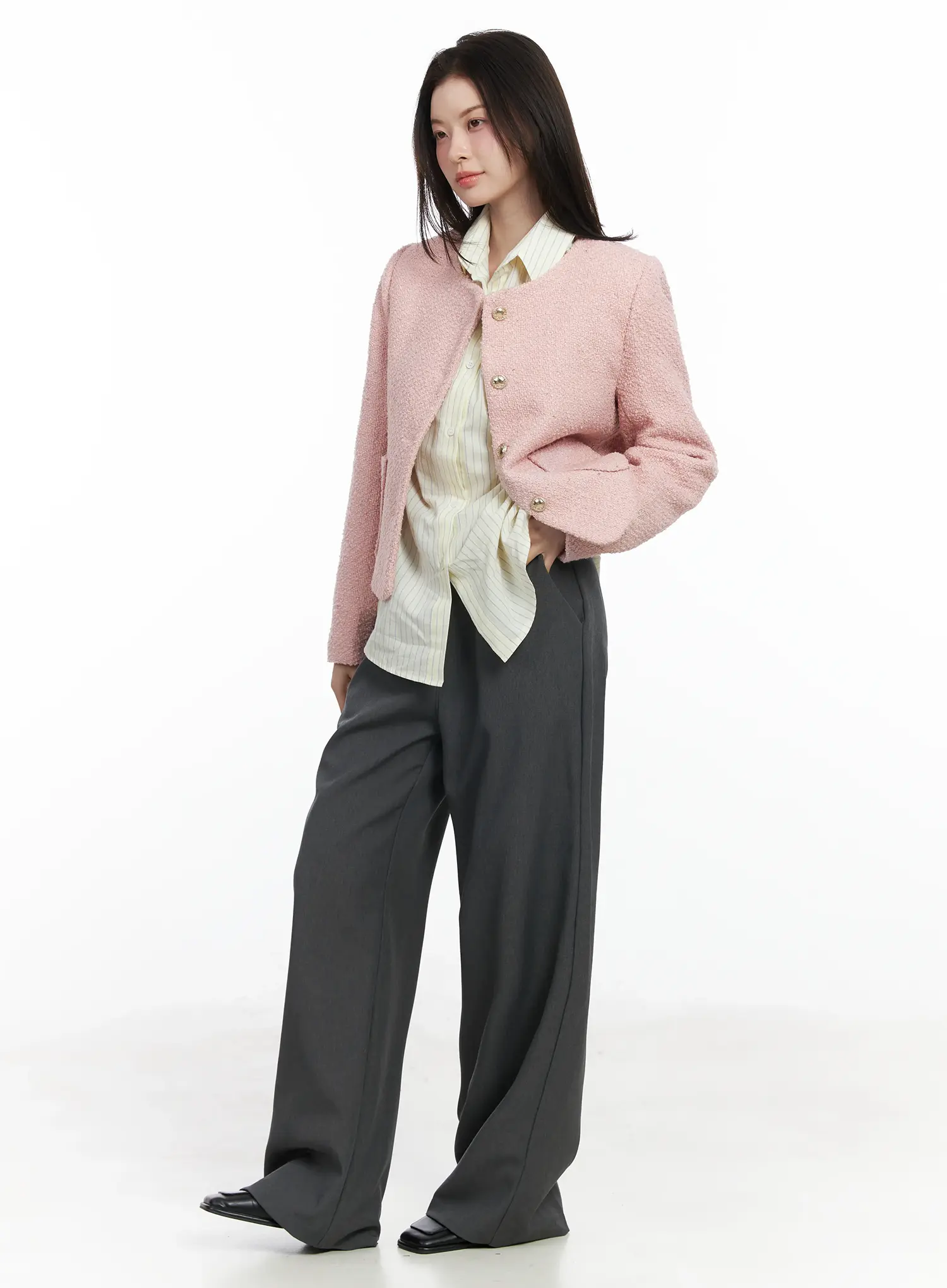 Round Neck Buttoned Tweed Jacket IF520 - Image 15