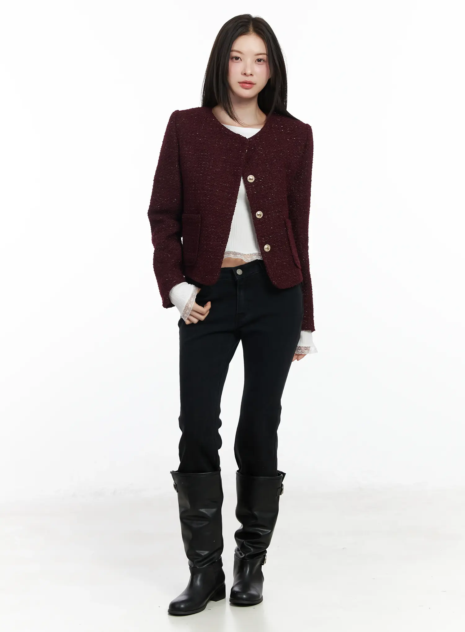 Round Neck Buttoned Tweed Jacket IF520 - Image 3