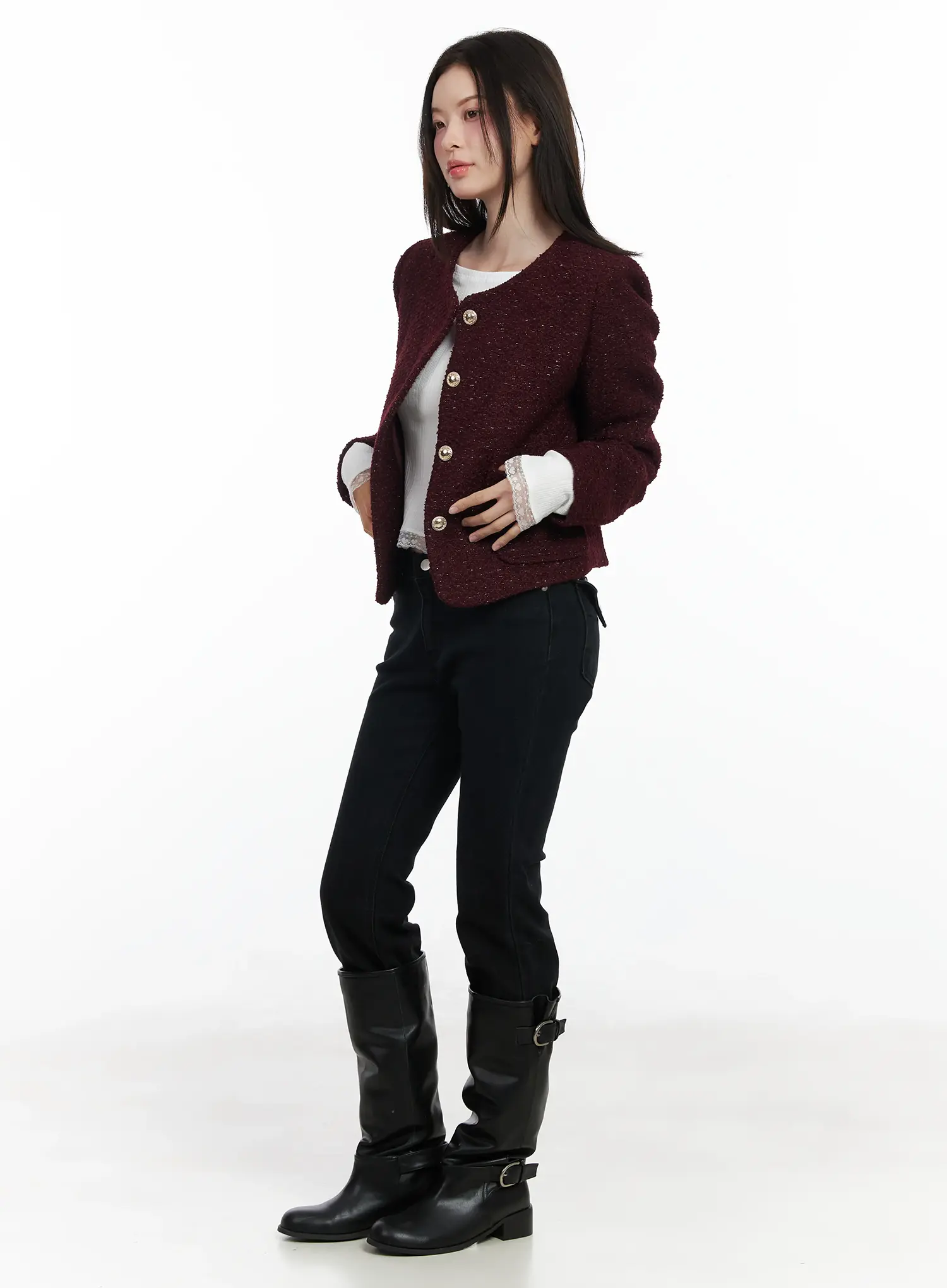 Round Neck Buttoned Tweed Jacket IF520 - Image 4