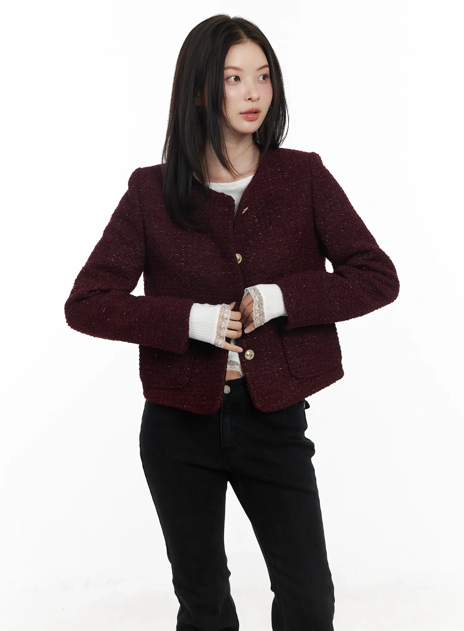 Round Neck Buttoned Tweed Jacket IF520 - Image 6