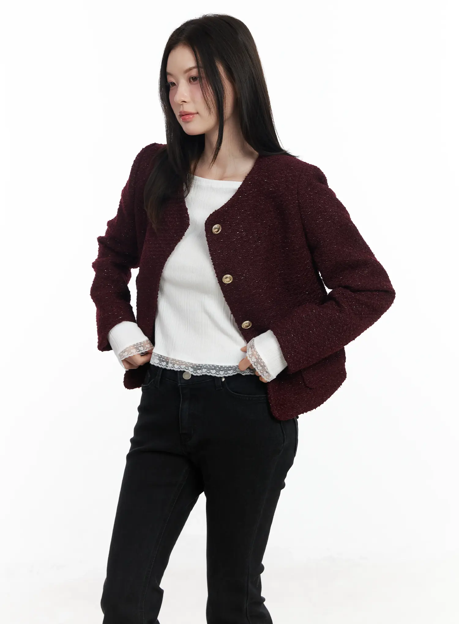 Round Neck Buttoned Tweed Jacket IF520 - Image 7