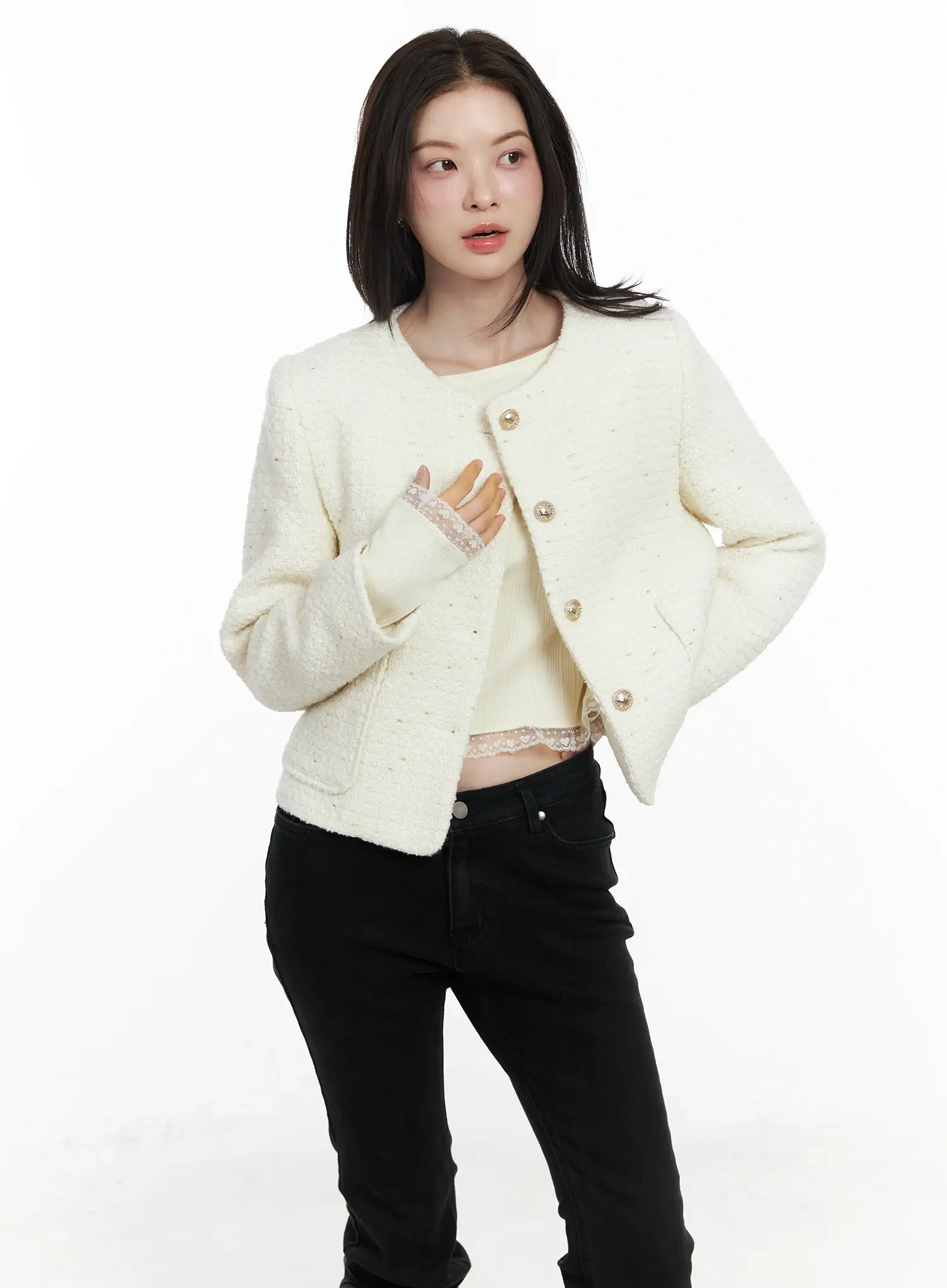 Round Neck Buttoned Tweed Jacket IF520 - Image 8