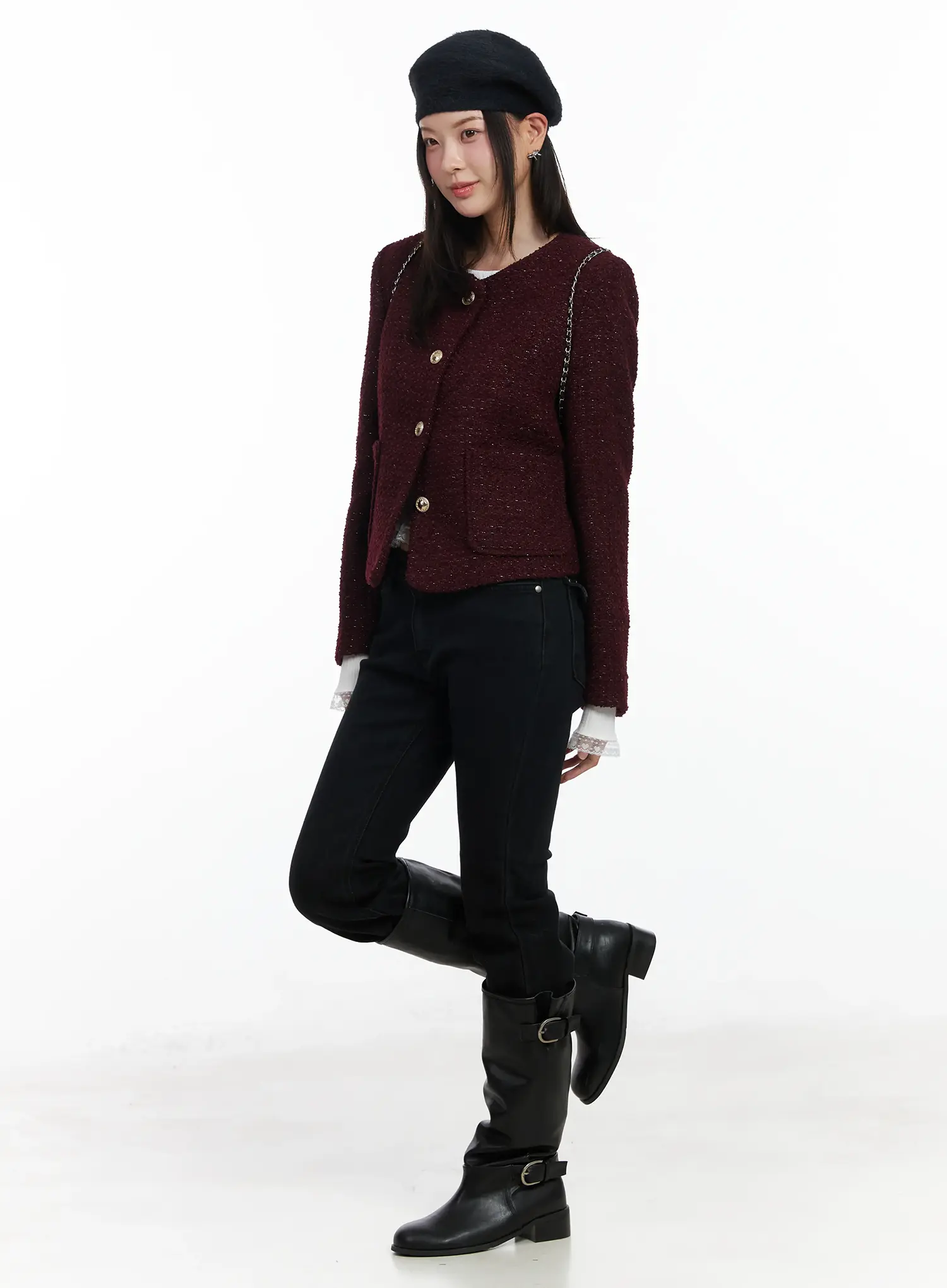 Round Neck Buttoned Tweed Jacket IF520 - Image 9