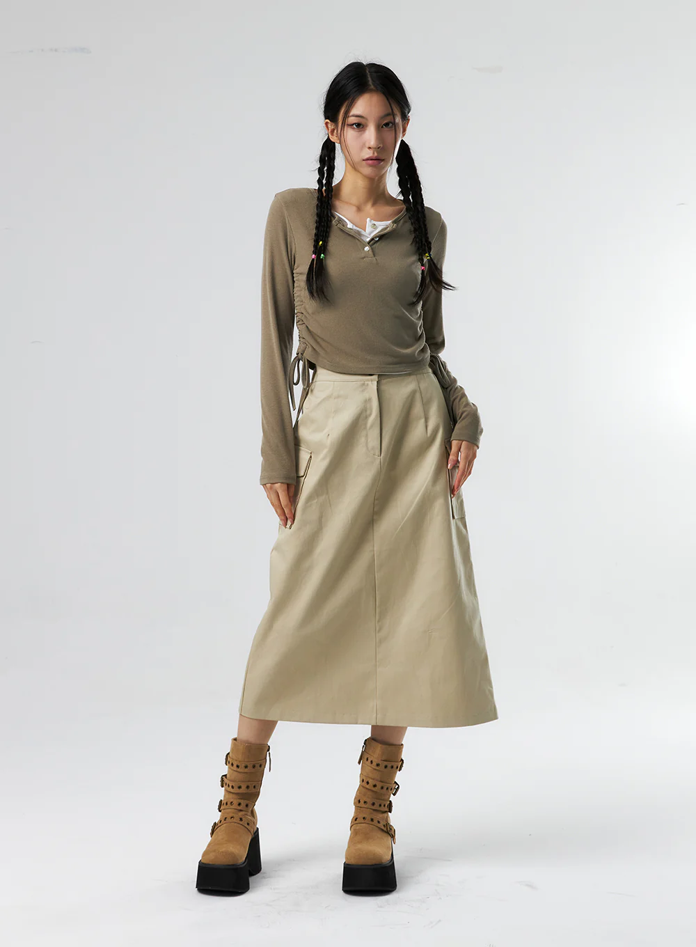 Simple High Waist Button Cargo Long Skirt CO05 - Image 10