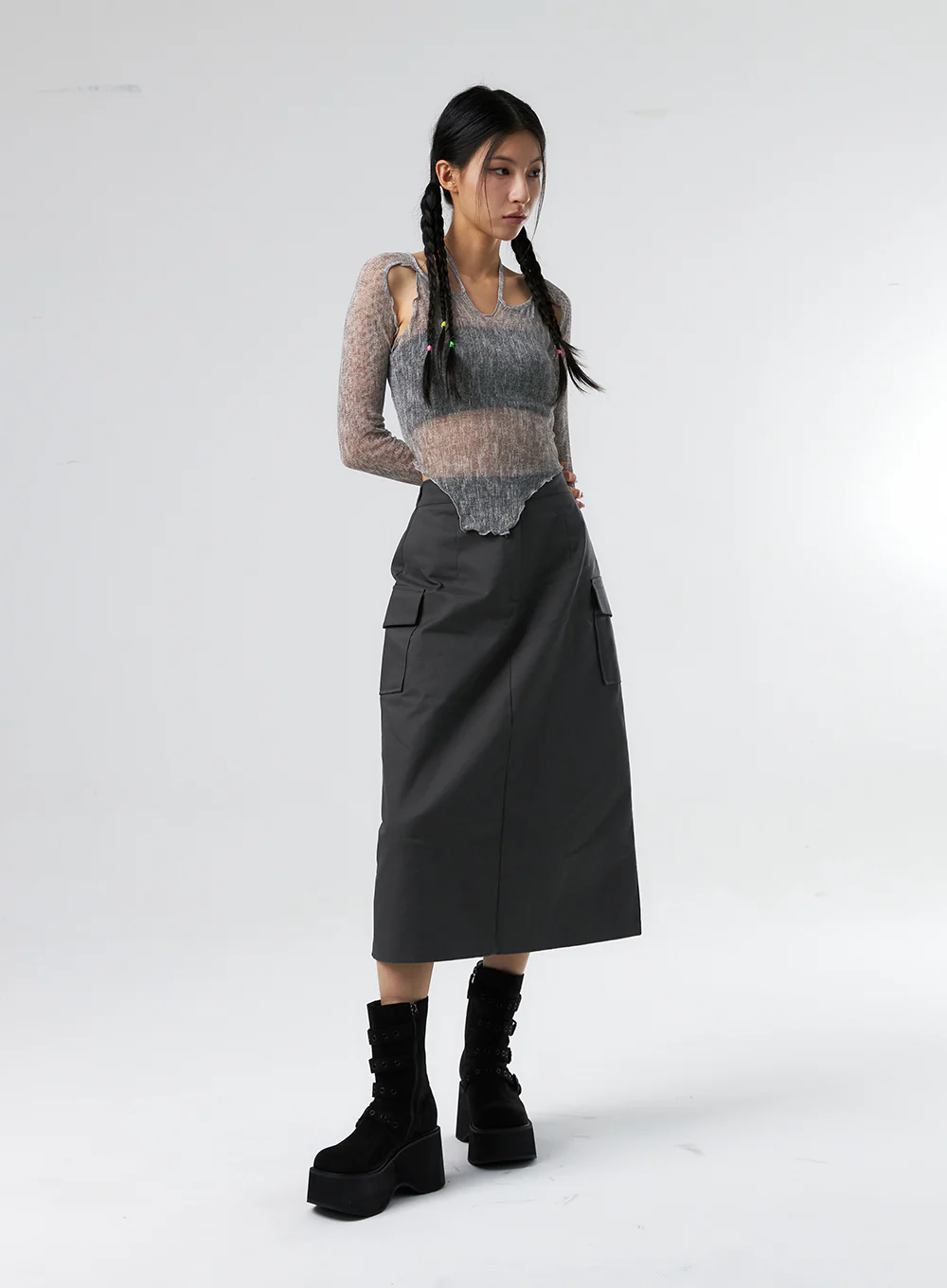 Simple High Waist Button Cargo Long Skirt CO05 - Image 11